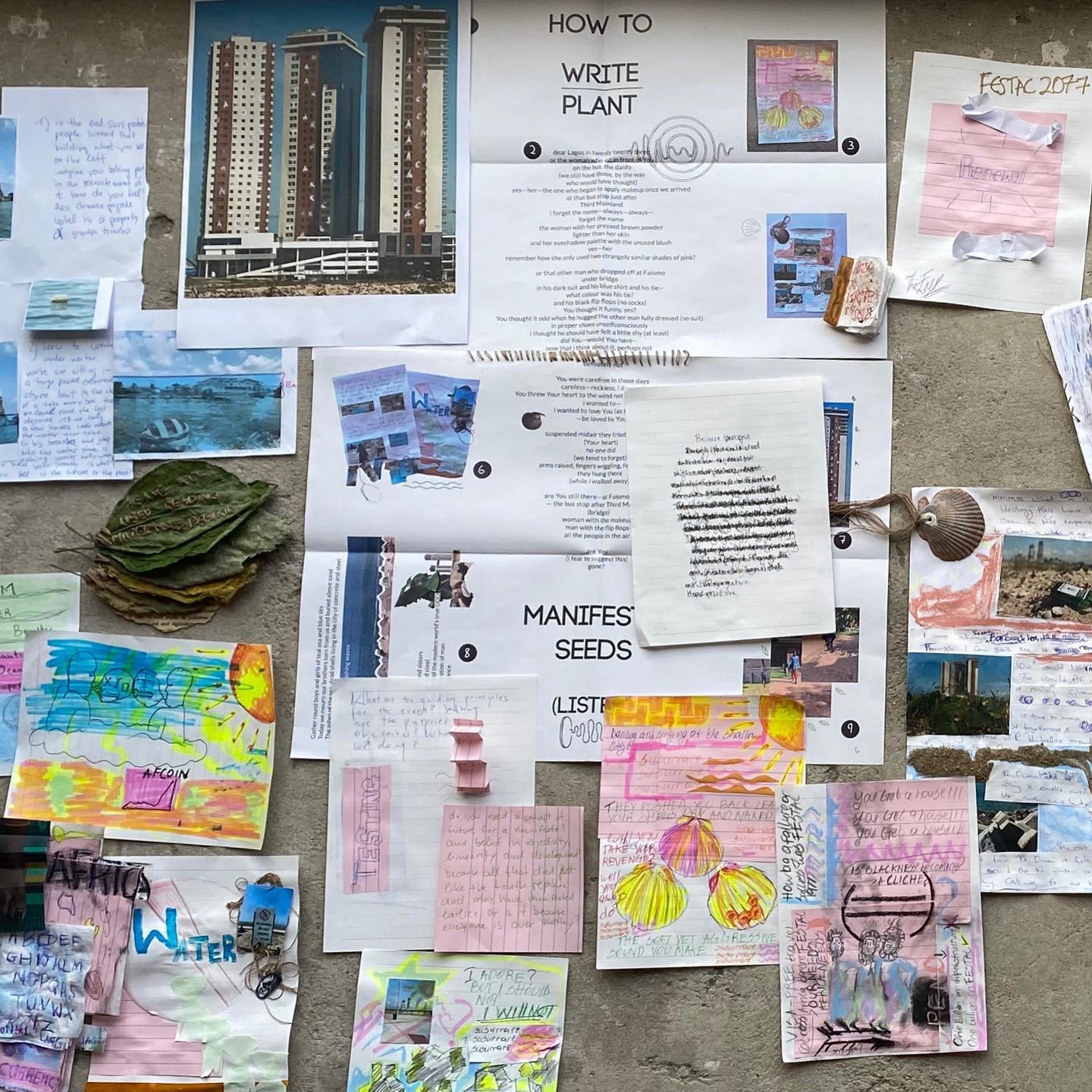 Studio wall collage of poems, drawings, photographs and 'How to Write Plant' and 'Manifesto Seeds' broadsides